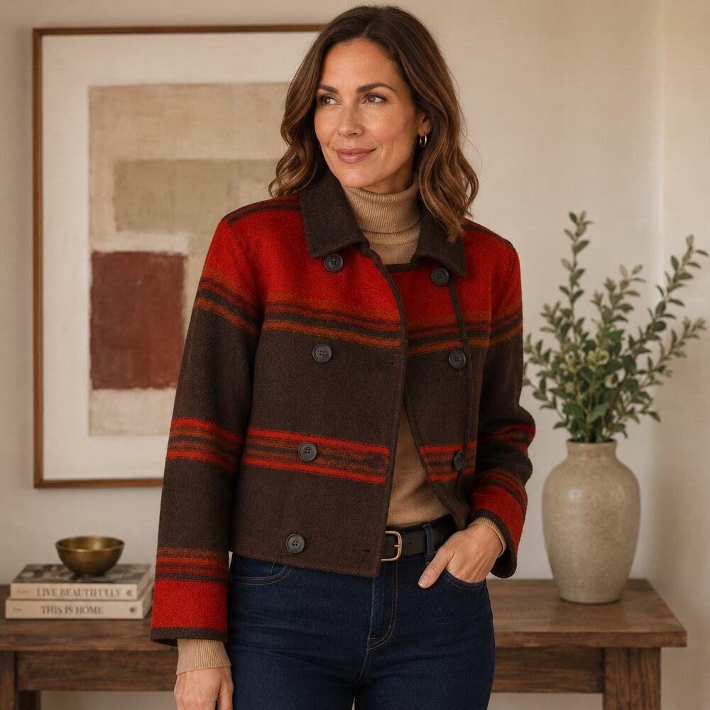 Talbots Petites SZ PS 100% Wool Brown Red Color Blocked Cropped Button Up Blazer